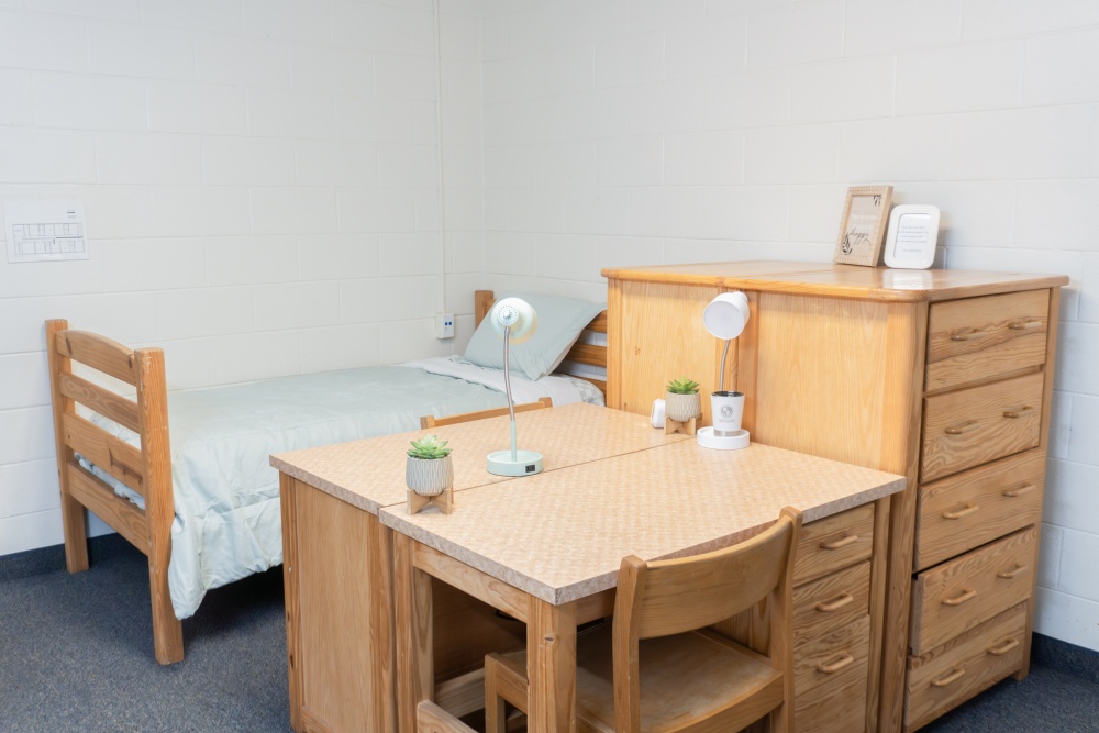 Dorm room showing bed and desk