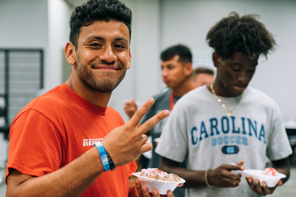 College student making a peace sign